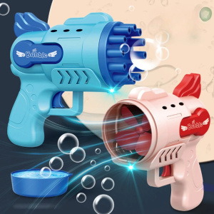 Pistola ad acqua automatica a bolle rosse e blu per bambini con bolle che escono dalla pistola