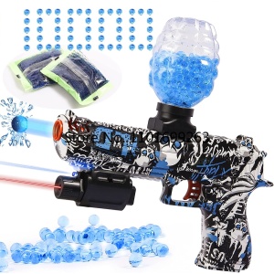 Pistola elettrica soft orbeez per bambini con palline di gel blu con sfondo bianco