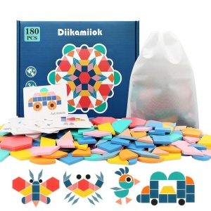 Puzzle in legno Giochi Montessori per bambini 180 pezzi con scatola colorata con diverse forme di animali e sfondo bianco