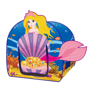 Tepee blu e rosa a forma di castello per bambine con una sirena stampata sopra. La porta presenta tesori sottomarini.
