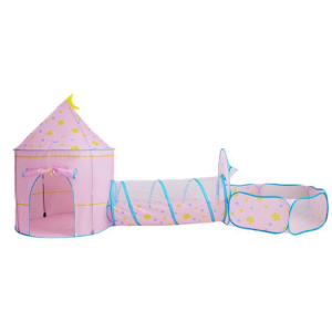 Un teepee rosa per bambine con simpatiche stampe multicolori sulla parte superiore. Include un castello, un tunnel e una vasca per le palline.