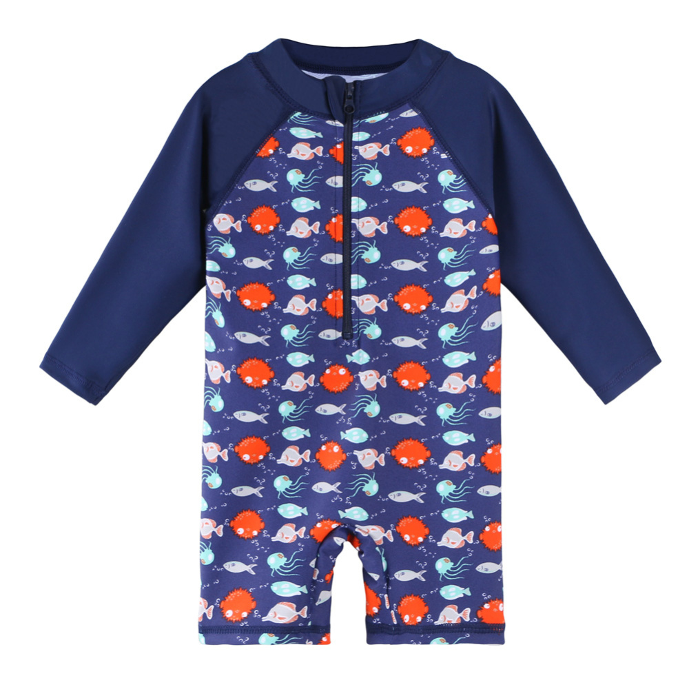 costume da bagno intero per bambino, blu con pesciolini