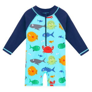 costume da bagno intero per bambini, azzurro con pesciolini colorati