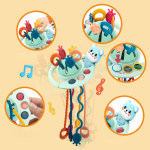 immagini del gioco Montessori blu per i denti in bolle, su sfondo arancione