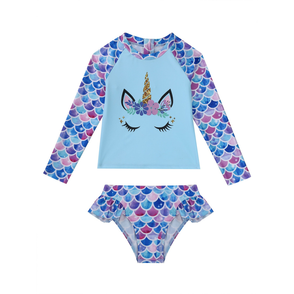 911e3fd7-e248-469f-8474-b02e4b915232 costume da bagno a due pezzi per bambine con un top a maniche lunghe con testa di unicorno e mutandine con volant sui lati, il costume da bagno è blu