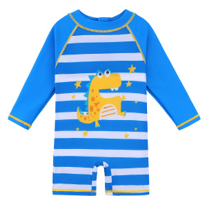 costume da bagno per bambino, stile tuta intera, blu con strisce bianche e un piccolo dinosauro giallo disegnato sul davanti