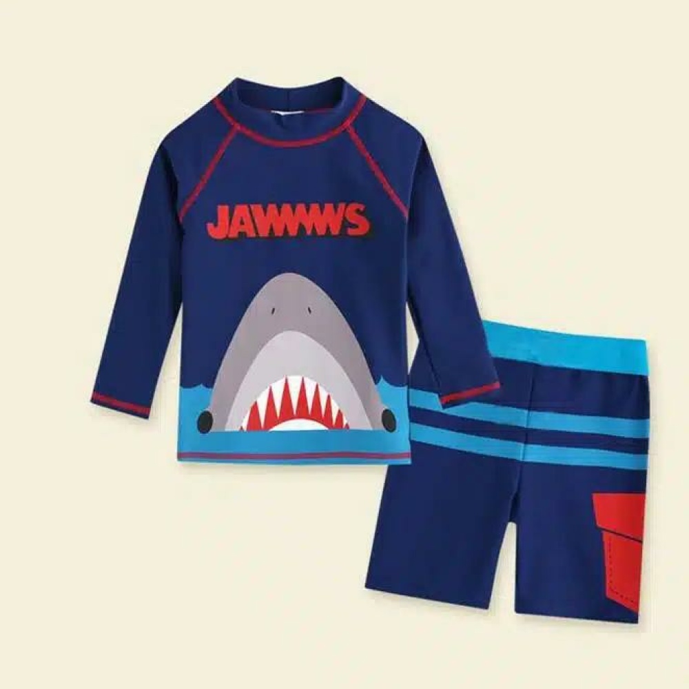 maglia per bambini, blu scuro, con il disegno di uno squalo con la bocca aperta in alto, composta da una maglietta a maniche lunghe e da pantaloncini corti