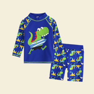 maglia per bambini, blu, con il disegno di un dinosauro, composta da maglietta a maniche lunghe e pantaloncini