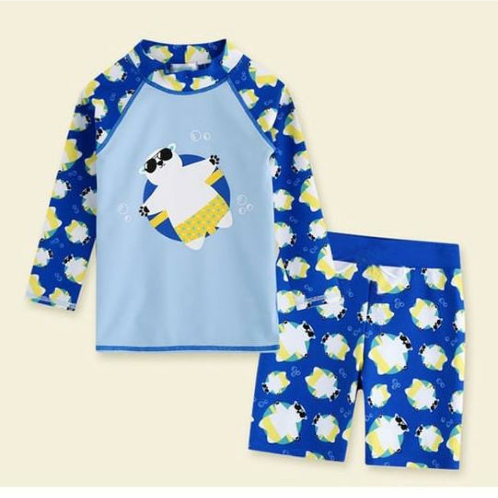 maglia per bambini, blu, con il disegno di un orso che indossa gli occhiali da sole, composta da una maglietta a maniche lunghe e da pantaloncini abbinati