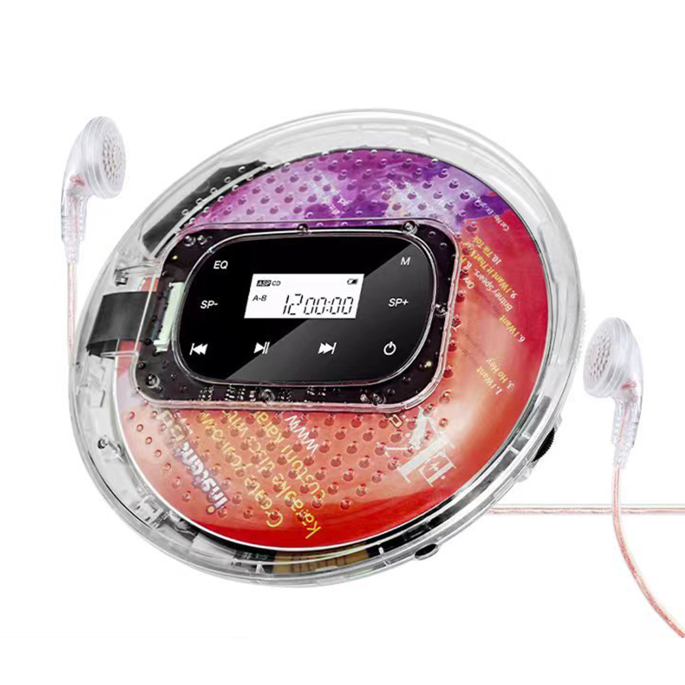 Lettore CD trasparente con un CD rosso e viola all'interno e cuffie