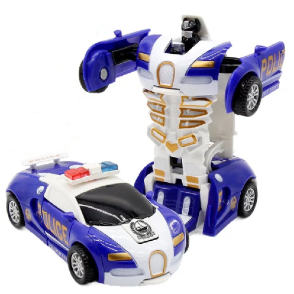 Transformers auto blu della polizia giocattolo con robot sul retro