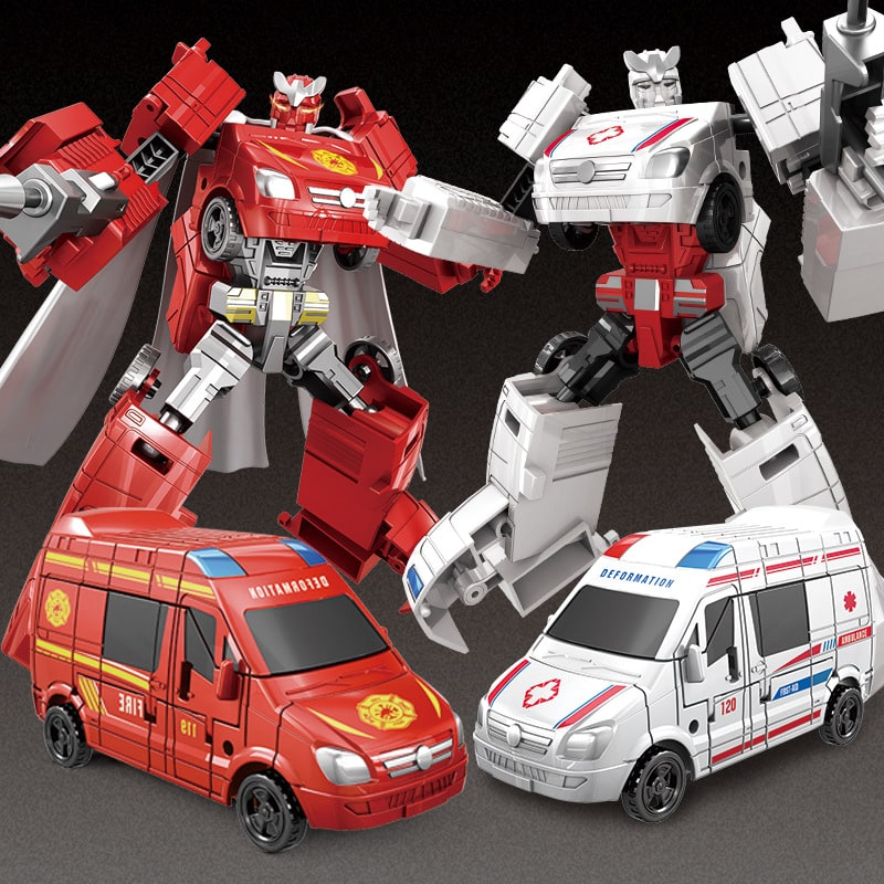 2 auto di soccorso giocattolo rosse e bianche e robot side-by-side