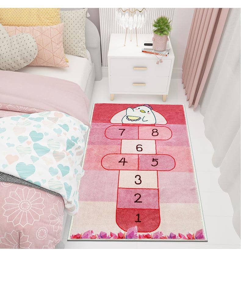 img_Tapis marelle rouge en forme de poule pour enfants_01 Tappeto hopscotch rosso a forma di gallina per bambini con sfondo per la cameretta del bambino