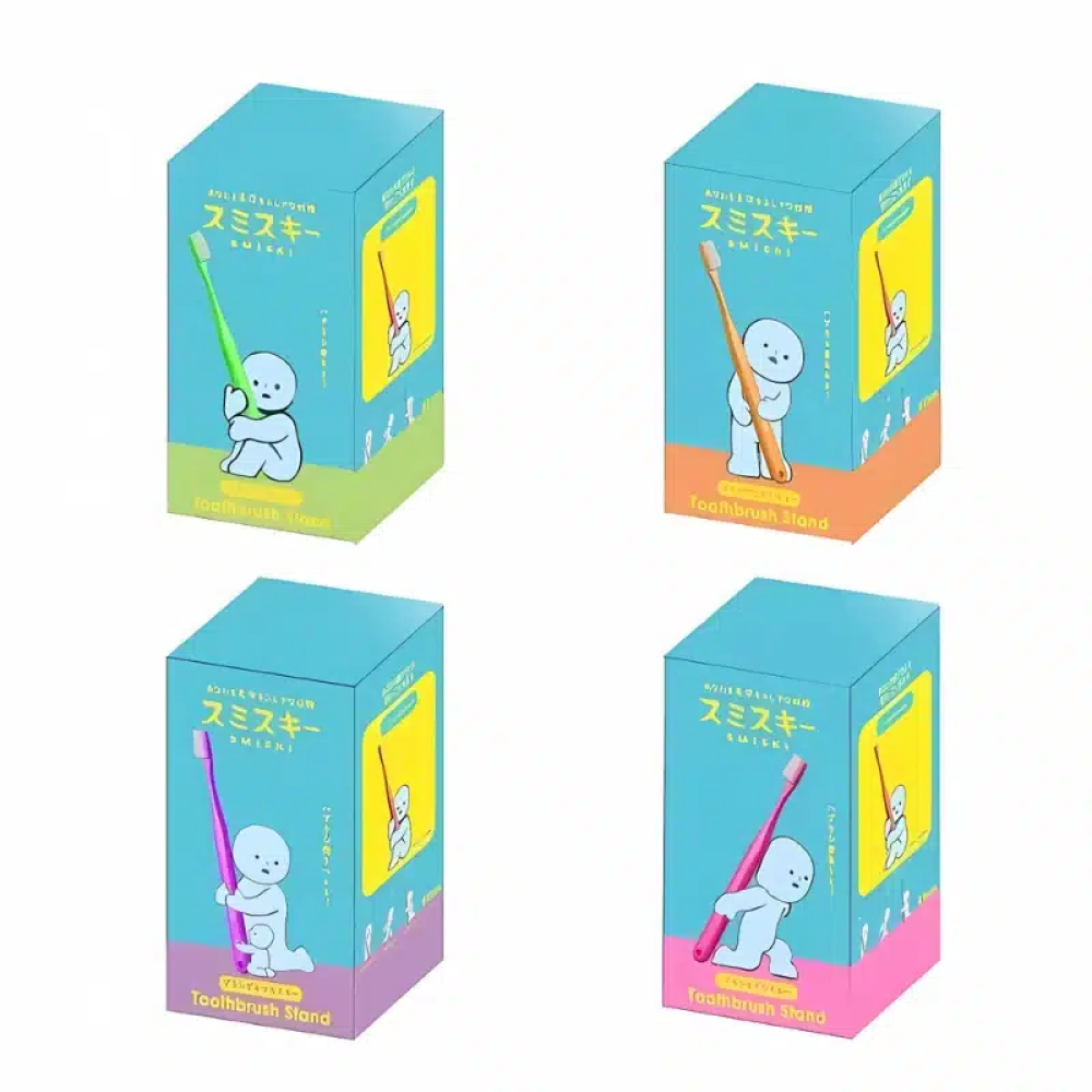Collection Smiski support brosse à dents, avec 4 boîtes colorées représentant des figurines tenant une brosse à dents.