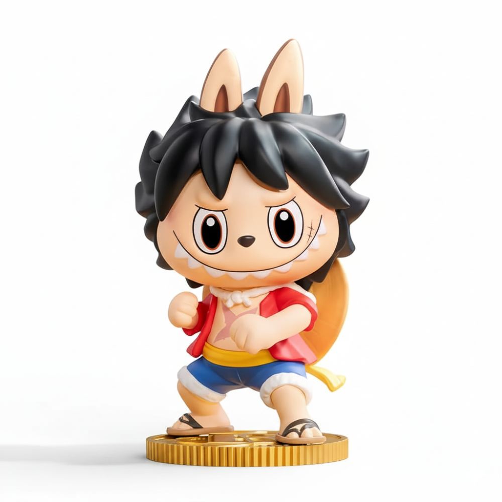 Statuetta kawaii ispirata a One Piece in stile Labubu su sfondo bianco