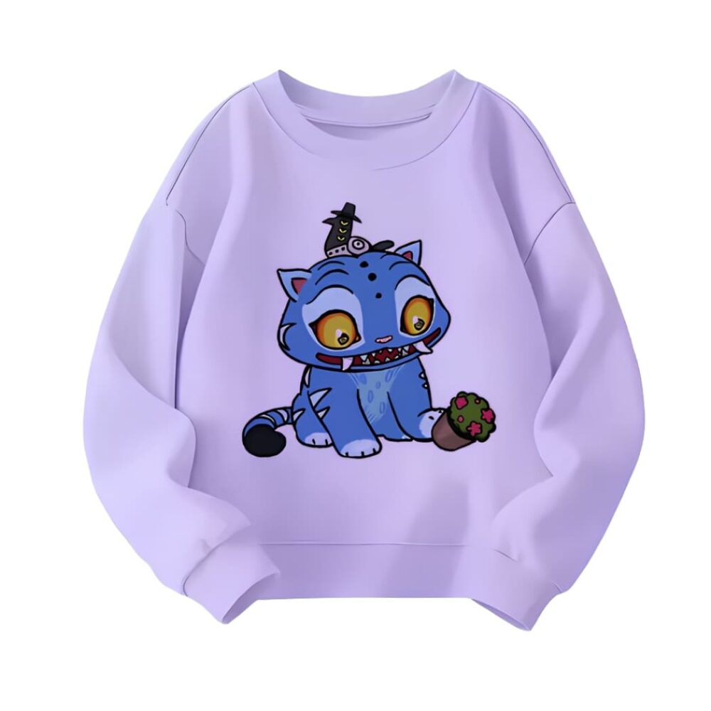 Felpa per bambini K-pop Demon Hunters viola con la tigre blu. Su sfondo bianco.