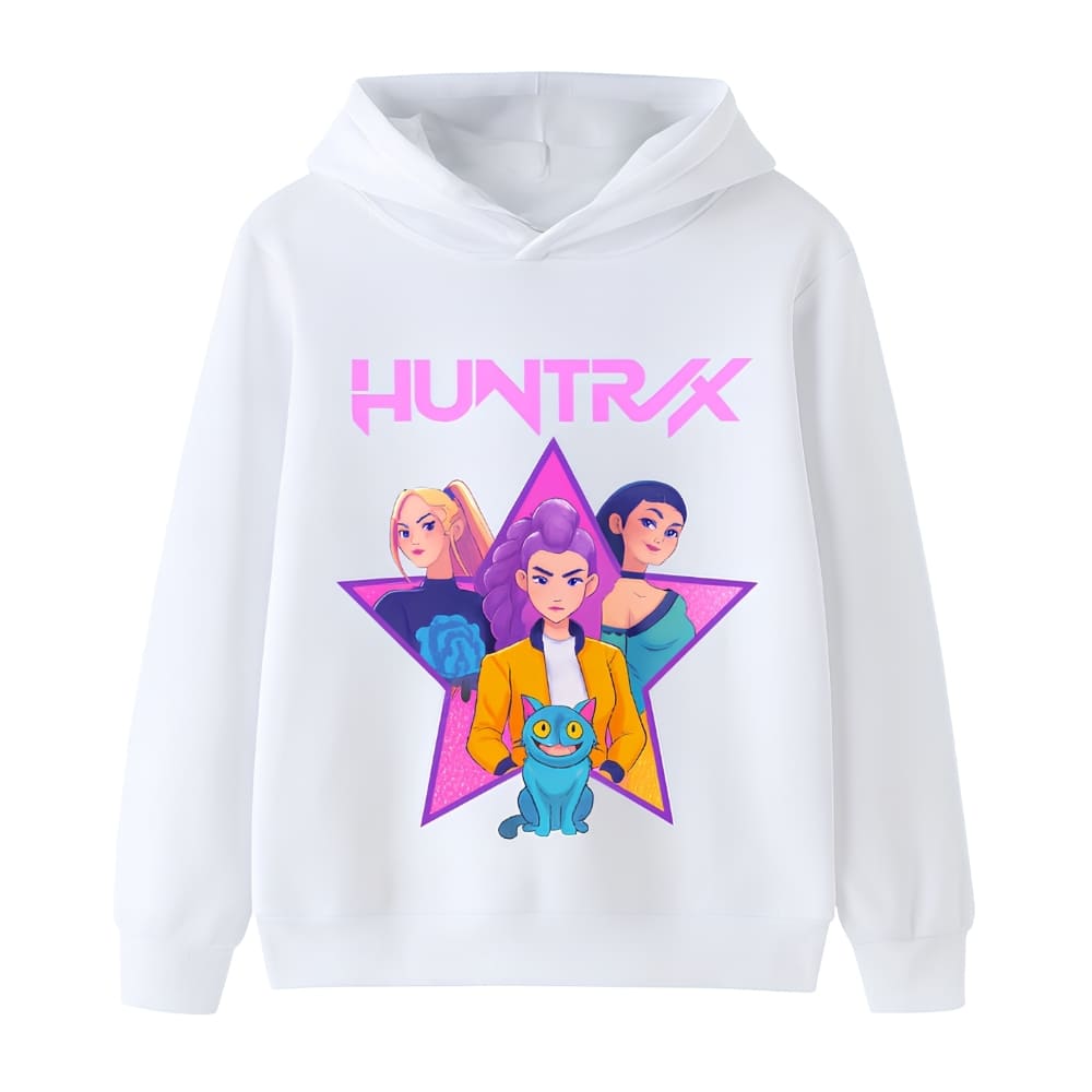 Felpa per bambina K-pop Demon Hunters Huntrix bianca con cappuccio. Il motivo rappresenta le tre cantanti davanti a una stella e la parola "HUNTRIX" in maiuscole rosa sopra. Su sfondo bianco.