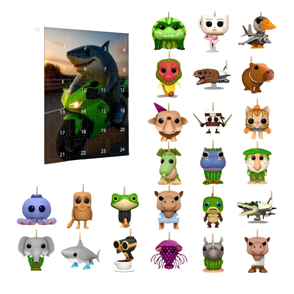 Calendario dell'Avvento Italian Brainrot con il personaggio squalo su una moto verde. 24 personaggi sul resto dell'immagine su sfondo bianco.