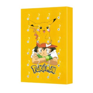 Calendario dell'Avvento statuine Pokemon di colore giallo con Ash e Pikachu. Su sfondo bianco.