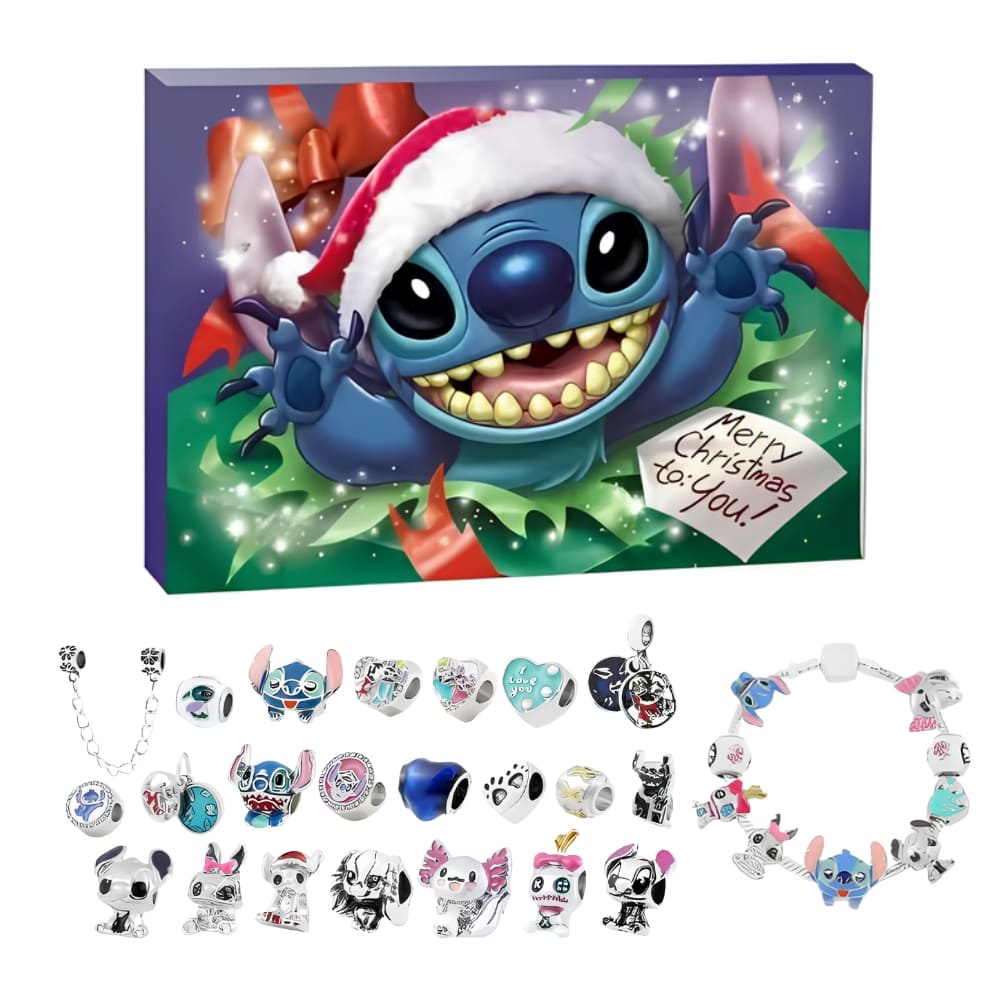 Calendario dell'Avvento Stitch bracciale e charms in metallo. La scatola si trova in alto e gli accessori sotto. Su sfondo bianco.