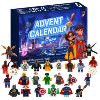 Calendrier de l'Avent figurines Marvel style Lego. En haut à gauche le carton du calendrier à l'effigie des héros Marvel. Sur le reste de l'image, 24 figurines alignées. Le tout sur fond blanc.
