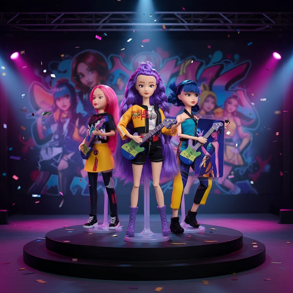 Set di 3 bambole K-pop Demon Hunters in un decoro simile a un palco con proiettori e un motivo ispirato a questo universo.