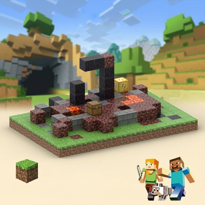 IMG_234.jpg Set di blocchi magnetici ispirati a Minecraft per bambini multicolore su sfondo universo minecraft – Costruzione 3D educativa e colorata con pezzi pixelati vari