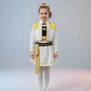 Costume de déguisement K-pop Demon Hunters porté par une fille aux cheveux attachés dans un fond gris clair éclairé par une lumière venant de la droite. La tenue est composée d'une jupe blanche avec un ruban doré sur le côté, un top scintillant noir et une veste blanche à franges dorées.