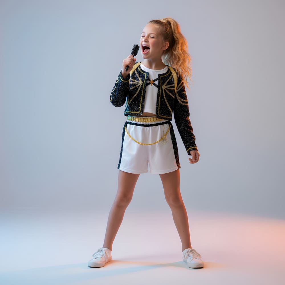 Costume de déguisement K-pop Demon Hunters Rumi porté par une fille blonde tenant une brosse à cheveux pour micro. Elle est debout avec un gris clair éclairé d'une lumière par la droite. La tenue est composée d'un short blanc avec détails dorés et noirs, un top blanc court et une veste brillante noire.