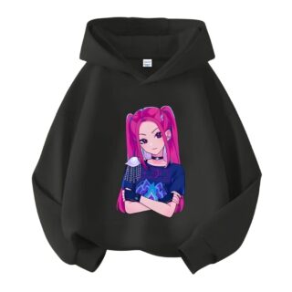 Sweat enfant K-pop Demon Hunters à capuche motif Mira. Le sweat est noir sur fond blanc.