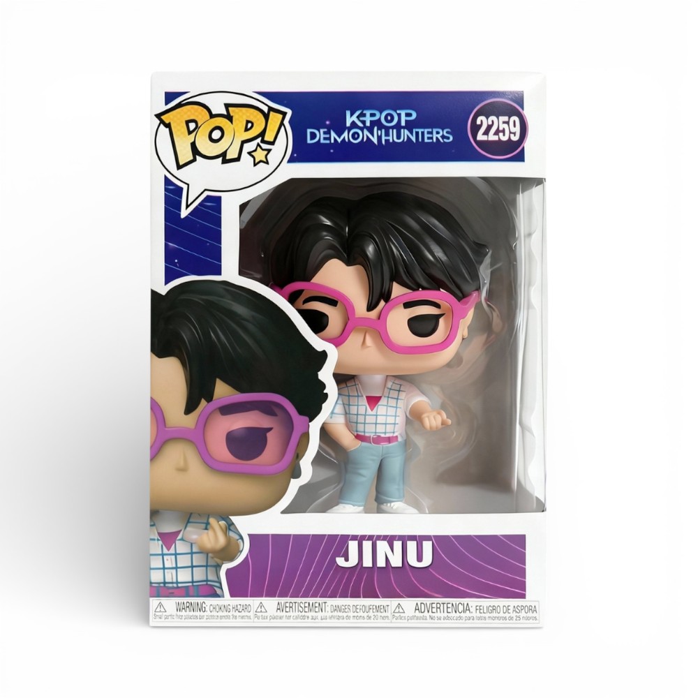 Figurine POP kpop demon hunters Jinu avec lunettes roses et tenue casual dans sa boîte numéro 2259 pour collection.
