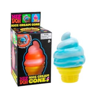 Boite noire packaging Needoh avec à l'intérieur un cornet de glace orange. À côté de la boite on a un cornet de glace de couleur bleu.