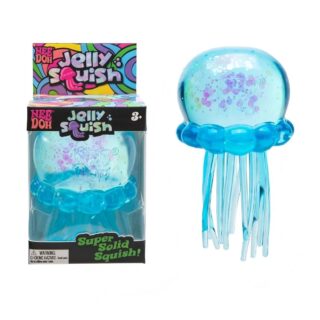Boite packaging Needoh transparente avec à l'intérieur un squishy bleu méduse. On voit ce squishy méduse bleu à côté de la boite en entier. Il a la forme d'une méduse.