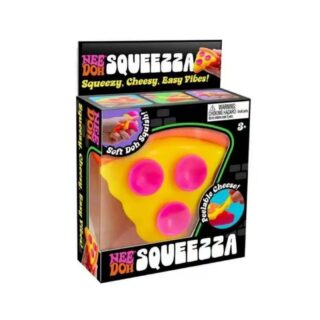Boite noire packaging avec à l'intérieur une part de pizza jaune avec des ronds roses, comme jouet sensoriel à malaxer.