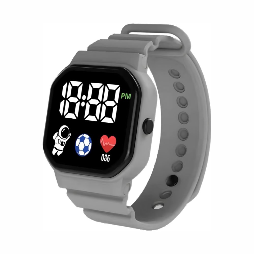 IMG_Montre_bracelet_electronique_LED_coloree_enfant5.jpg Montre-bracelet électronique à LED colorée pour enfant sur fond blanc